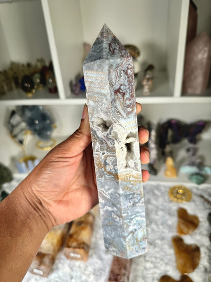 Blue Chalcedony and Moss Agate Tower